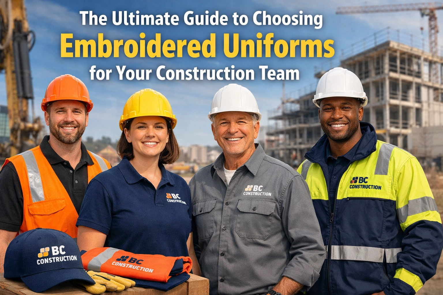 4 pictures of 3 men and one woman wearing trousers and tops which are considered to be company clothing